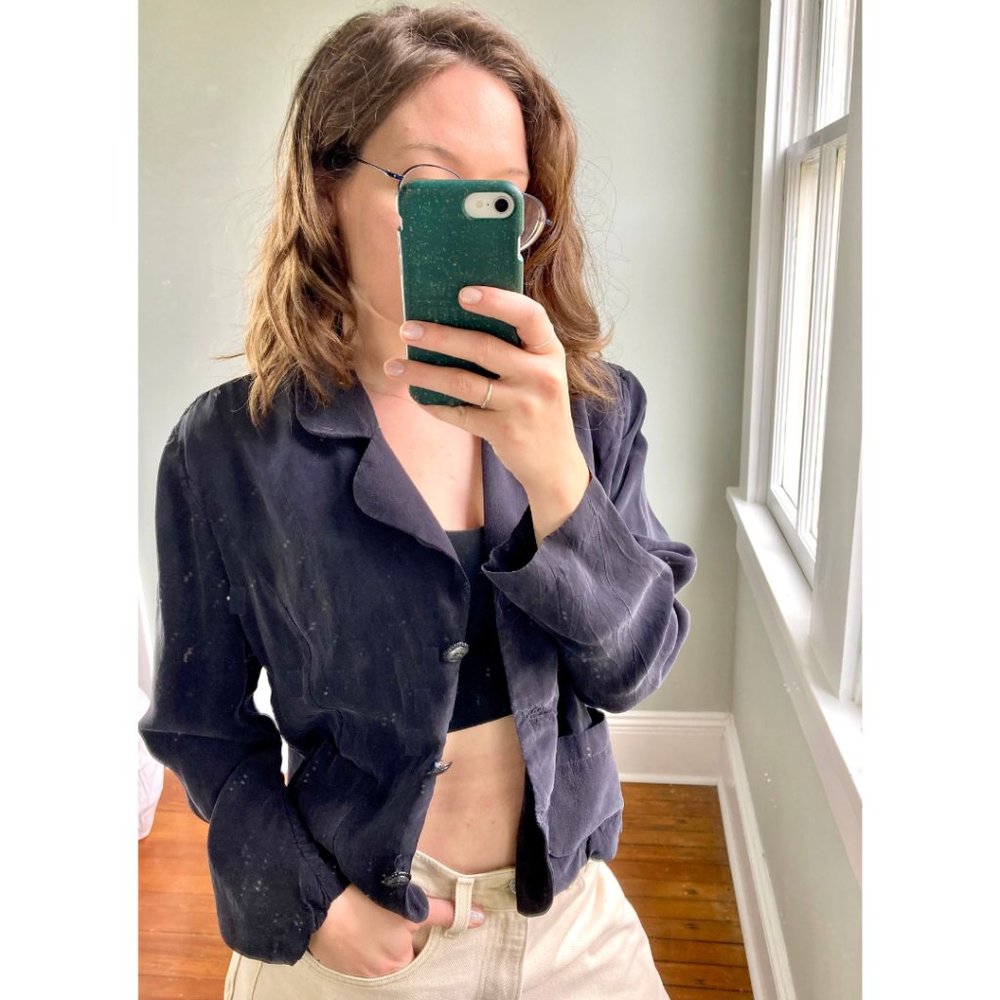 Vintage 90s Crop Top Button Down Black Long Sleeve Top S